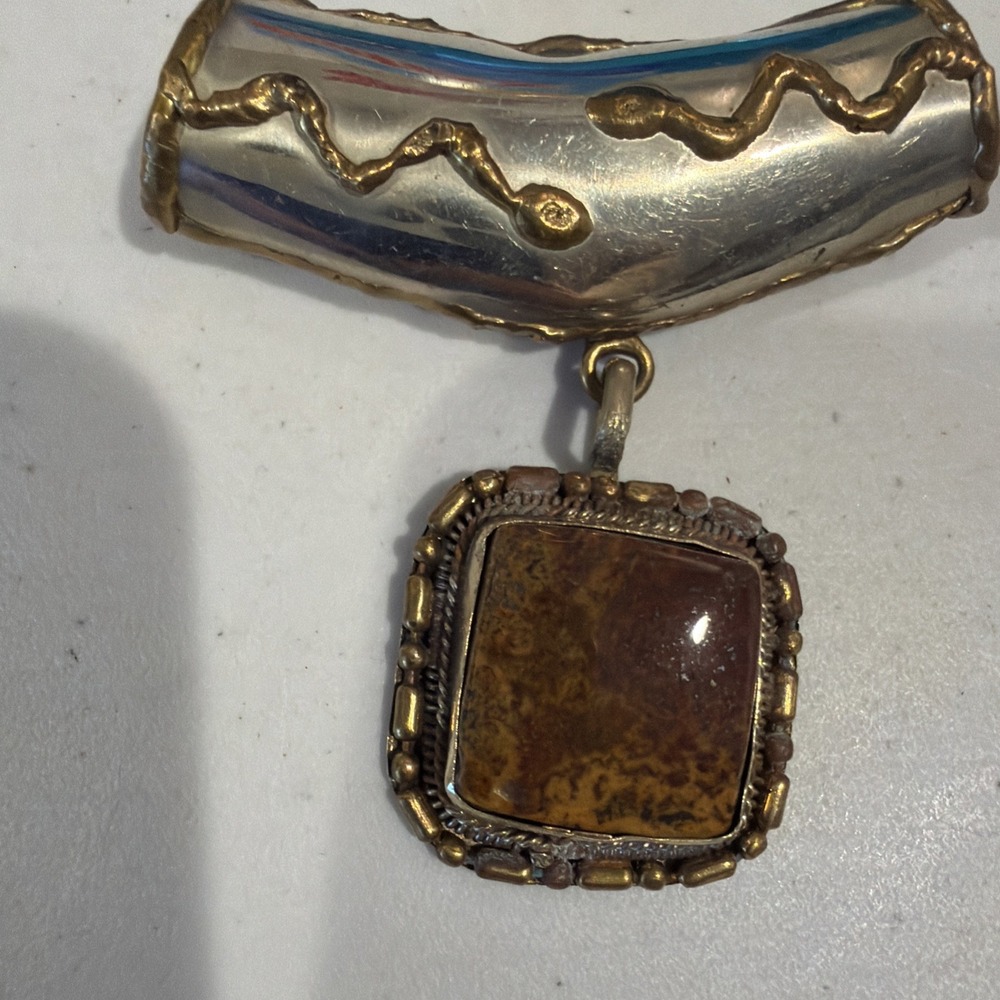 Vtg Fruit Jasper Pendant Serpent Brass and Silver‎ Southwestern Boho